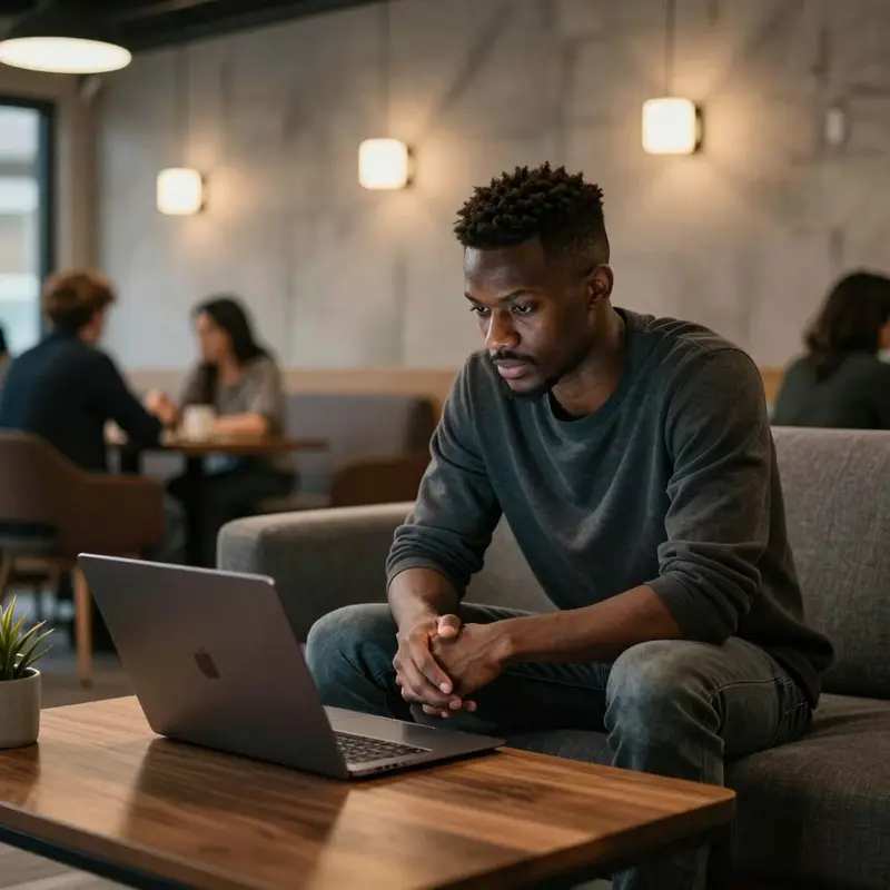 A freelancer in a coworking lounge leans toward a laptop on a coffee table, looking calm and composed.