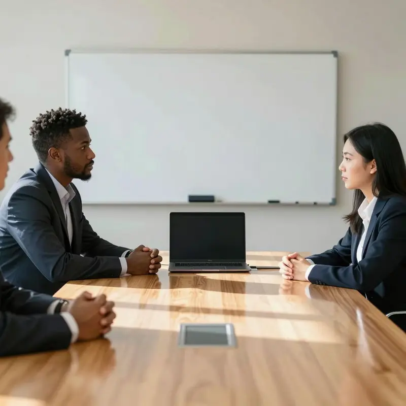 Two colleagues sit with a closed laptop between them, suggesting deliberate validation and approval.
