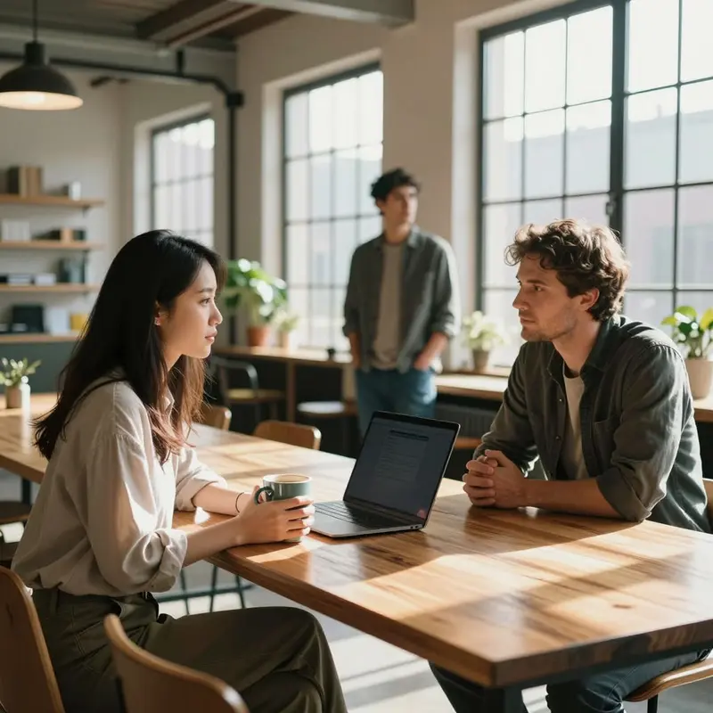 Knowledge workers talk over coffee at a shared table in a bright coworking loft.