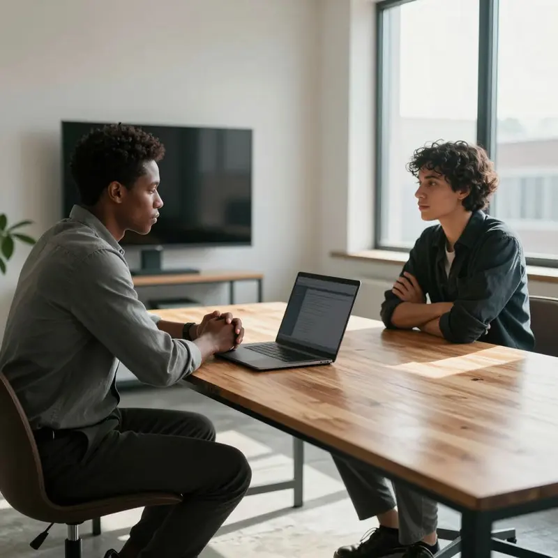 Two consultants sit across a table, calmly aligning ownership for client work.