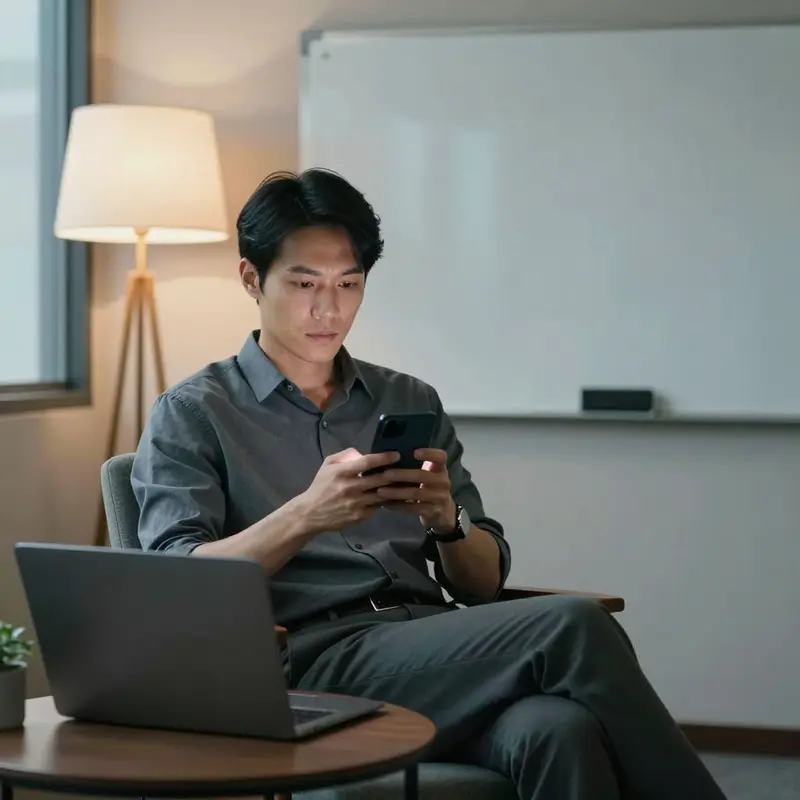 A consultant reviews a client message on a phone before sending a clear, redirecting response.