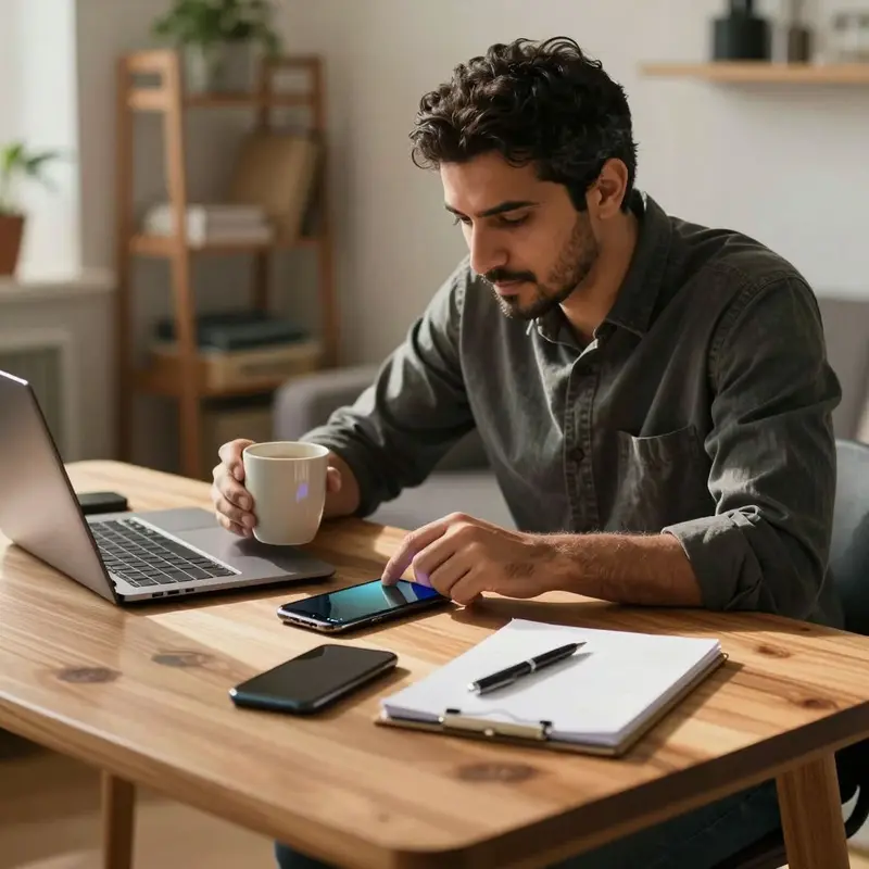 A solo consultant quietly reviews Instagram DMs at a tidy desk in a warm home office.
