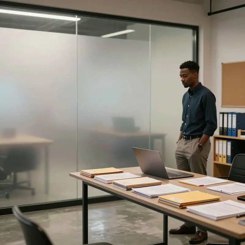 A consultant studies physical folders and a blank glass wall, symbolizing contrasting functional models.