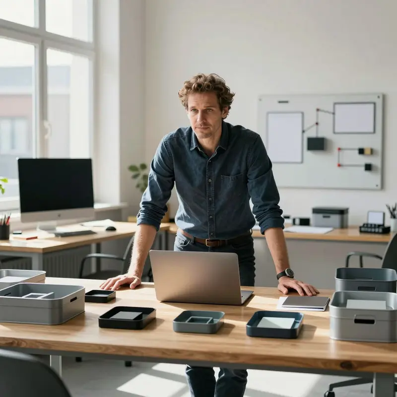 A consultant surveys a carefully arranged workspace, weighing structured versus flexible ways to shape their CRM.