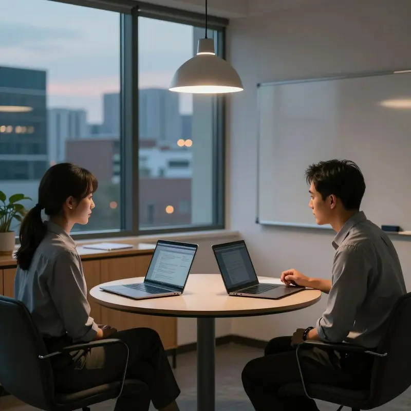 A consultant sits between two closed laptops in a calm office, contemplating which strategic direction to choose.