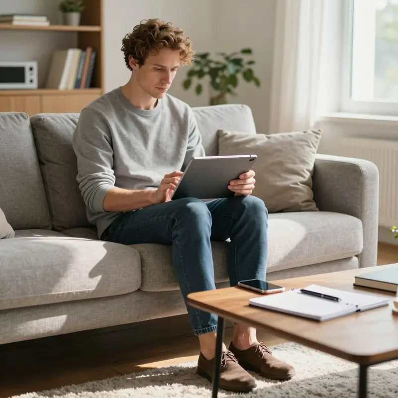 A solo consultant sits on a sofa, calmly reviewing a tablet and phone while planning DM workflows.