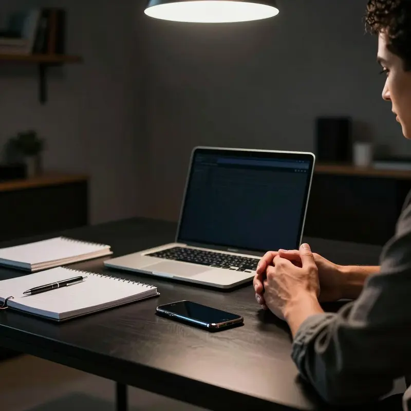 A consultant sits at a dark desk, calmly reviewing devices to connect Instagram DMs to conversions.