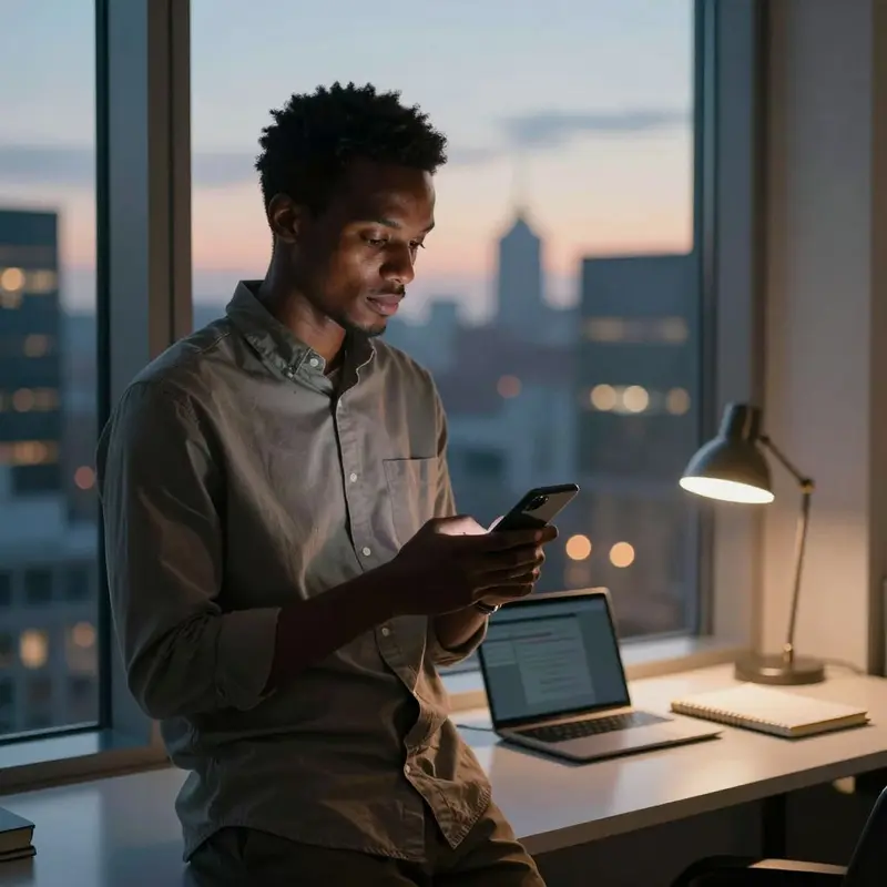 A consultant near a window calmly focuses on a smartphone, ready to turn comments into meaningful DMs.