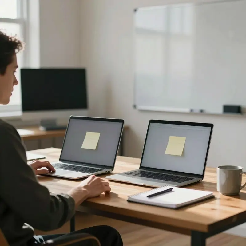 An independent consultant quietly compares the true cost of two software options at a calm home office desk.