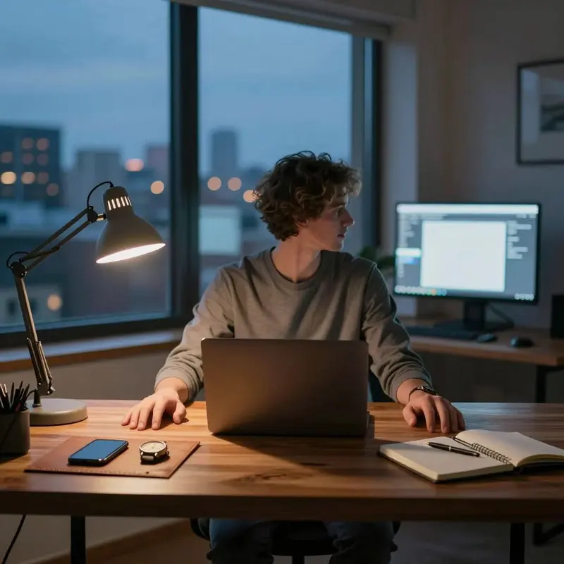 An independent consultant at a neat desk with a closed laptop and phone considers AI scheduler alternatives and agent suites.