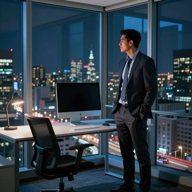 A consultant stands at a window in a high-rise office at night, overlooking a glowing city.