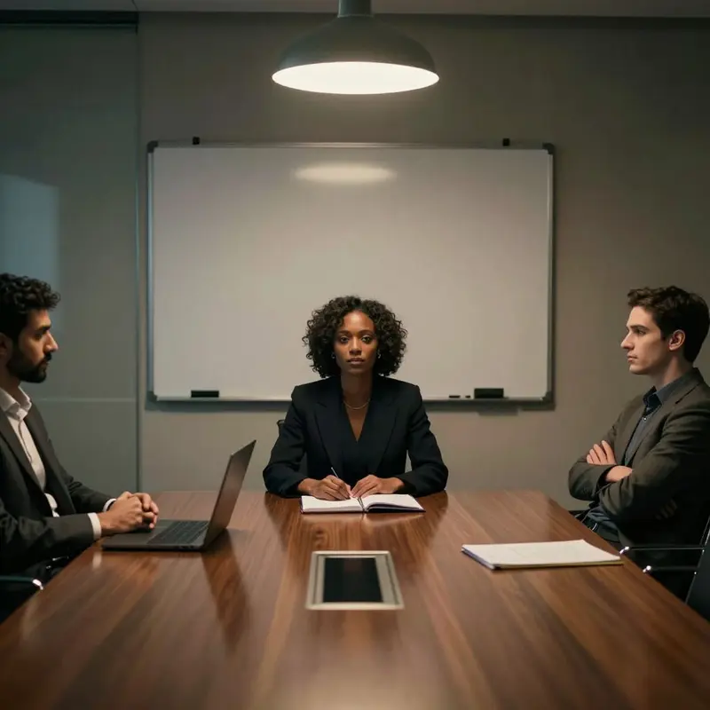 A small team sits around a conference table in low light, focused on an empty whiteboard.