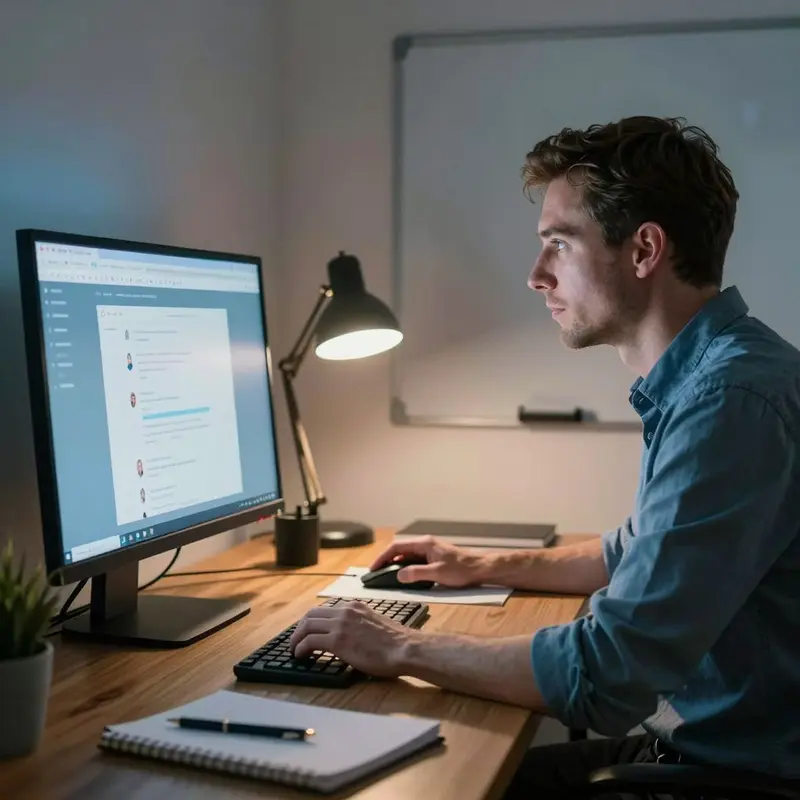 A consultant studies a blurred chat window, ready to identify a misplaced client ping.