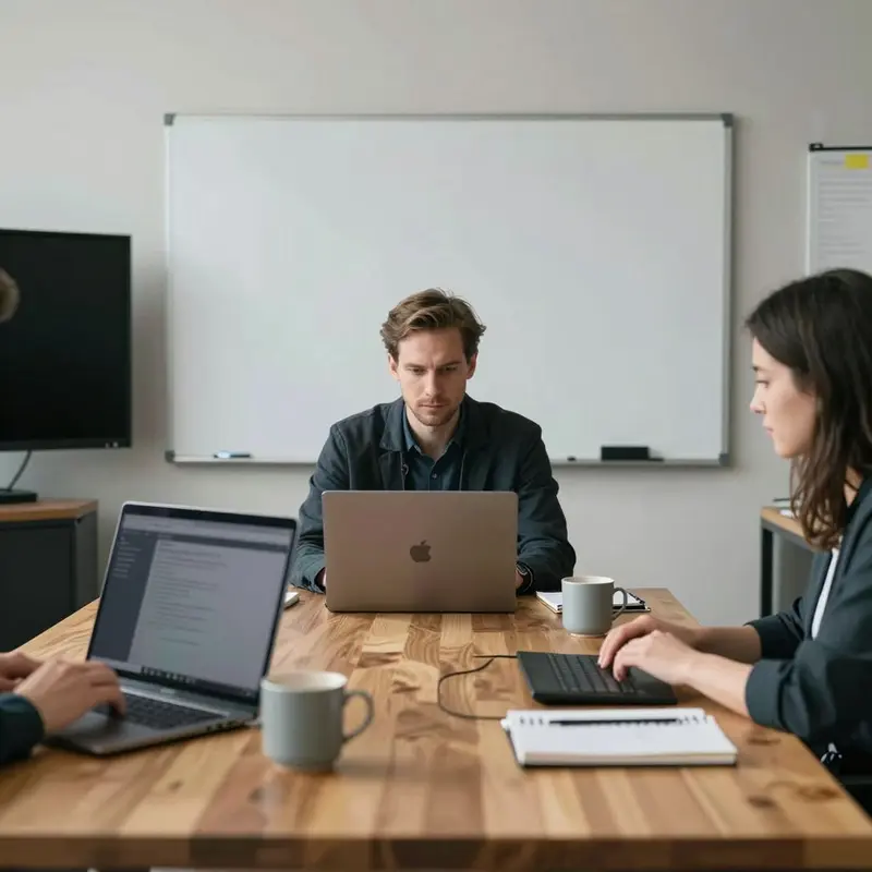 Independent consultant at a wooden desk between two laptops, illustrating the HubSpot CRM vs Notion decision for client operations.