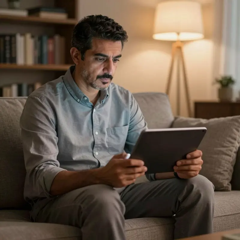 A course creator quietly reviews a dark tablet, considering how little visible proof their page offers.