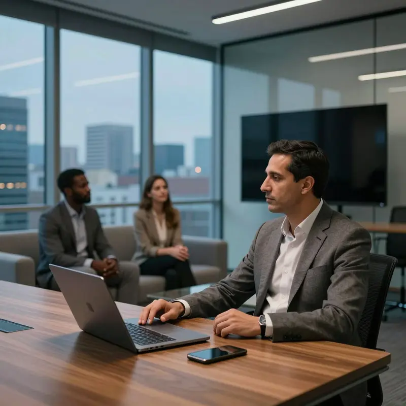 Consultants sit in a glass-walled office at dusk, framed by a city skyline as work tools rest quietly on the table.