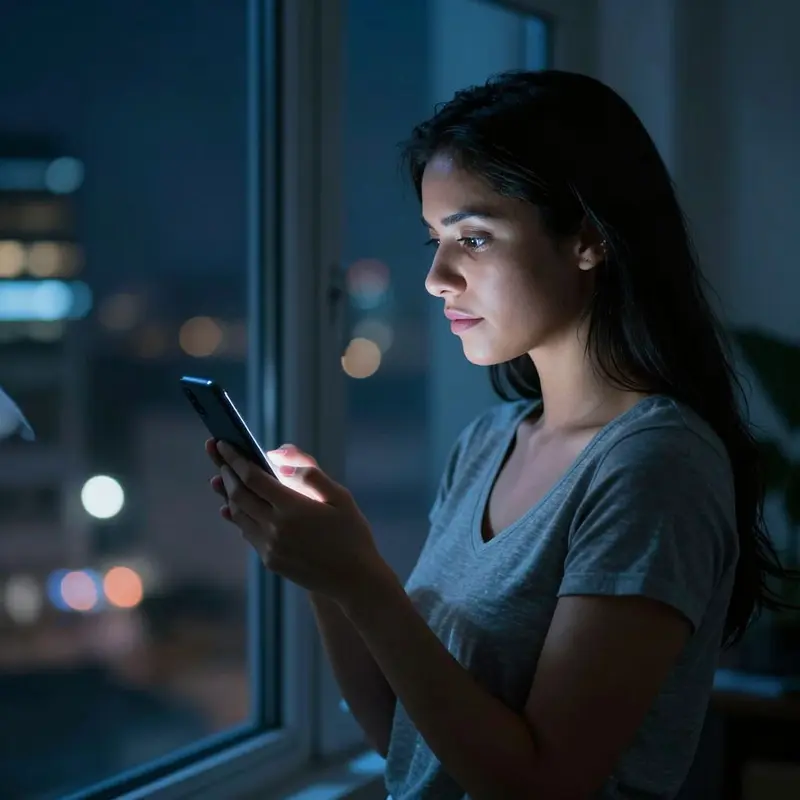 A woman stands by a window with a dark phone in her hands, capturing the tension of slow mobile experiences.