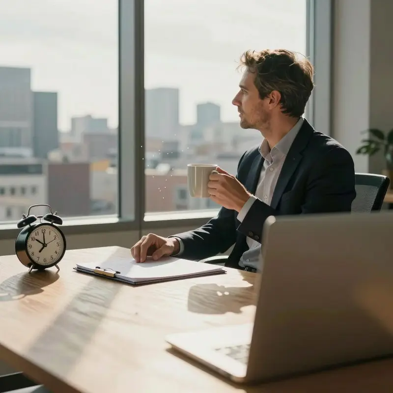 A consultant pauses by a window, weighing timing and impact before committing to deadlines.