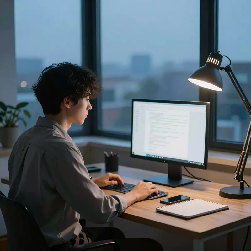 Solo creator at a minimalist desk with a closed laptop and blurred monitor, contemplating Publer AI agent reliability for real workflows.
