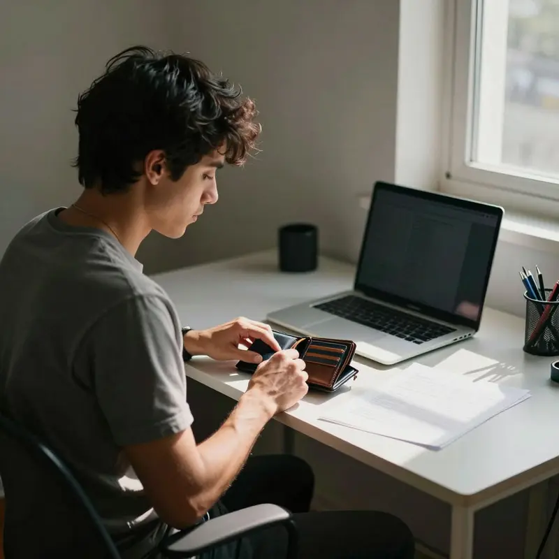 A budget-conscious creator studies their wallet beside a closed laptop, weighing free versus paid tool tiers.