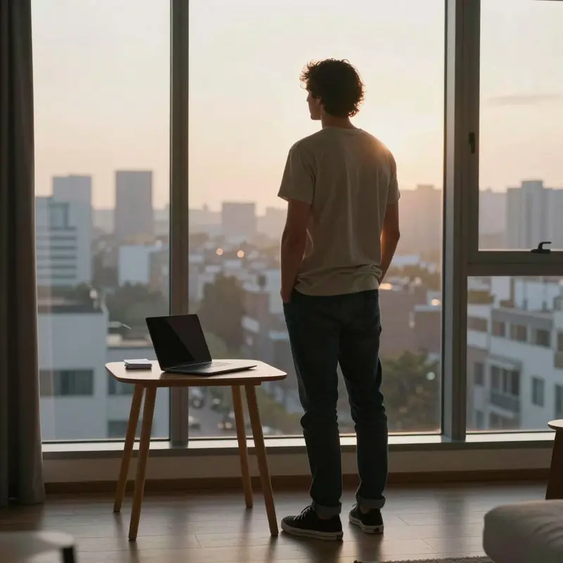 A solo creator looks out over the city at sunrise, calmly deciding which tools truly fit their strategy.