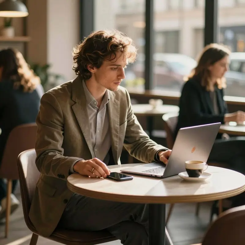 European solo consultant at a cafe table with a phone and laptop, preparing to increase Instagram reach with DMs.