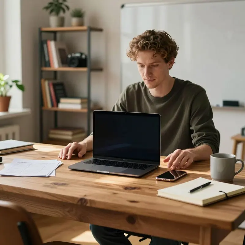 Caucasian course creator at a home studio desk beside a phone and blank invoices, weighing Stripe payment links vs invoices.