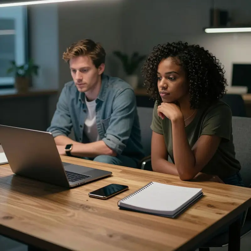 Two course creators leaning forward with hands clasped, contemplating Teachable Kajabi conversion leaks across their funnel.