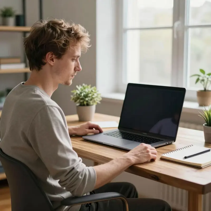 A course creator studies a blank screen, reflecting on how to sharpen their above-the-fold promise.