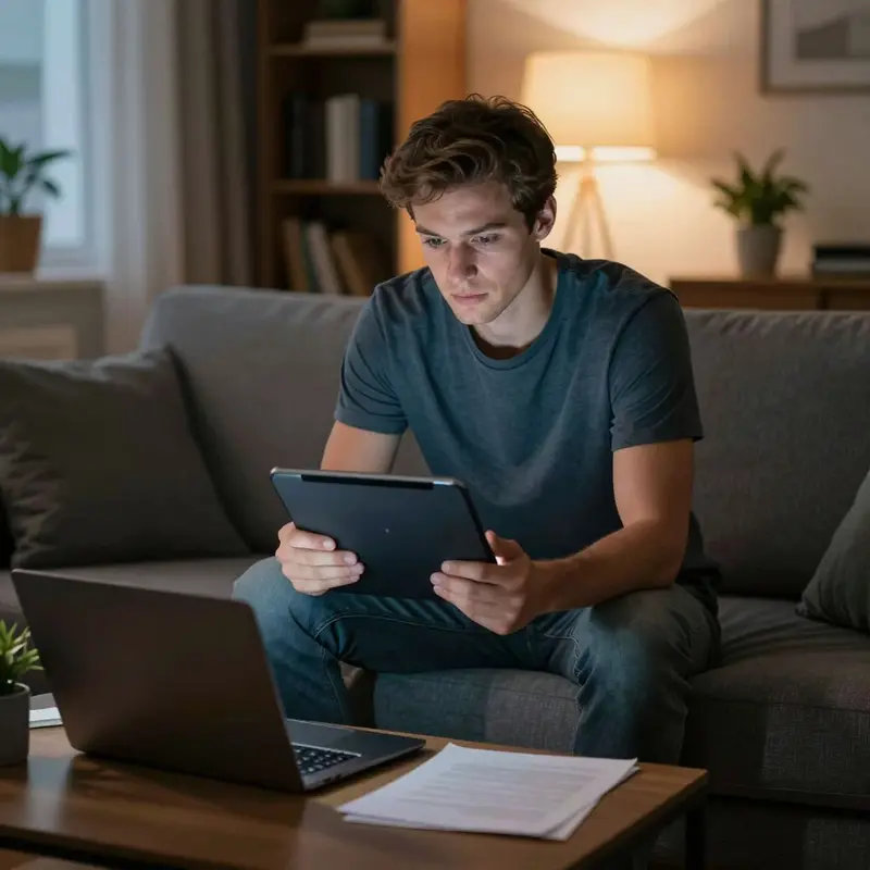 A creator studies a tablet on a sofa, concerned about a stalled payment.