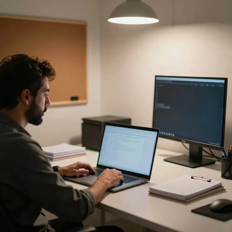 A consultant sits at a dual-monitor desk, ready to move client requests into a task system.