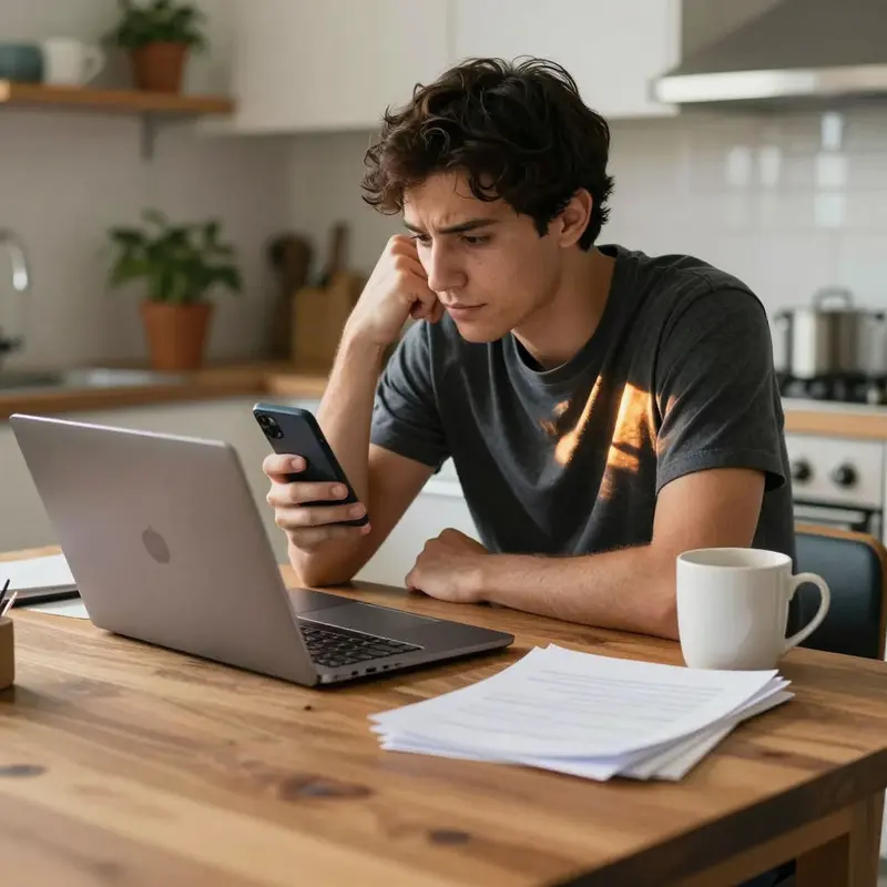 A course creator calmly reviews payments on their phone at a kitchen table.