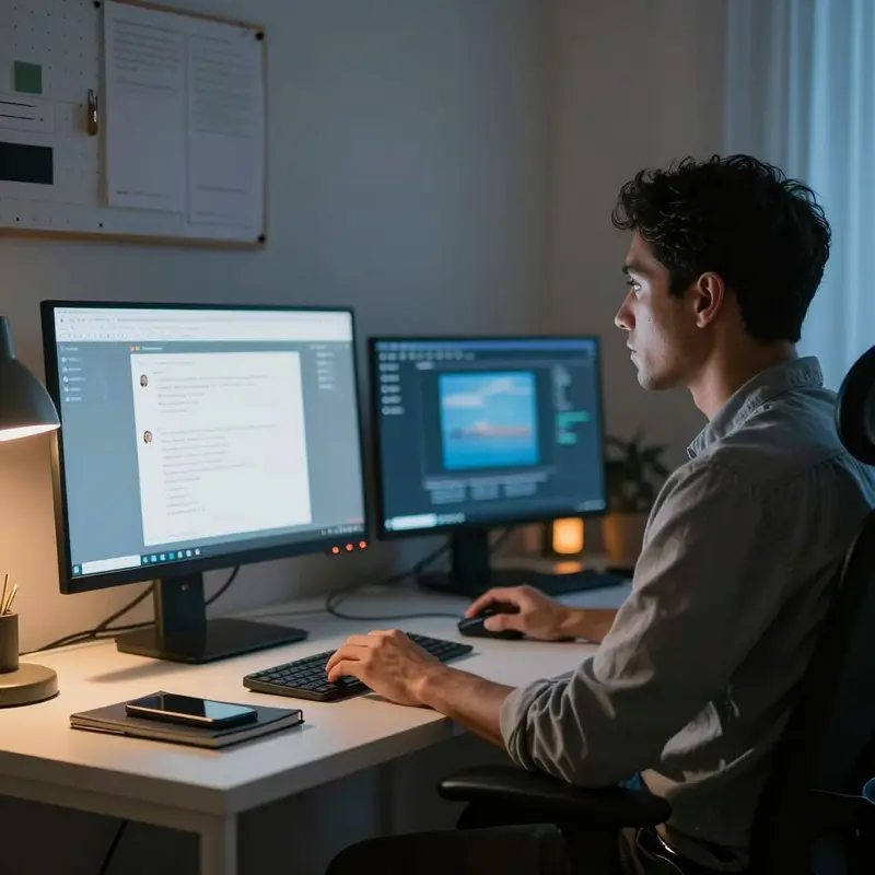 Solo consultant at a desk focusing on how to turn client messages into tasks while screens glow softly in a quiet apartment.