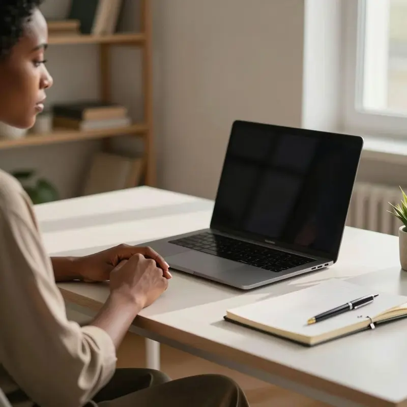 A creator sits at a tidy home office desk, reflecting on their billing workflow.