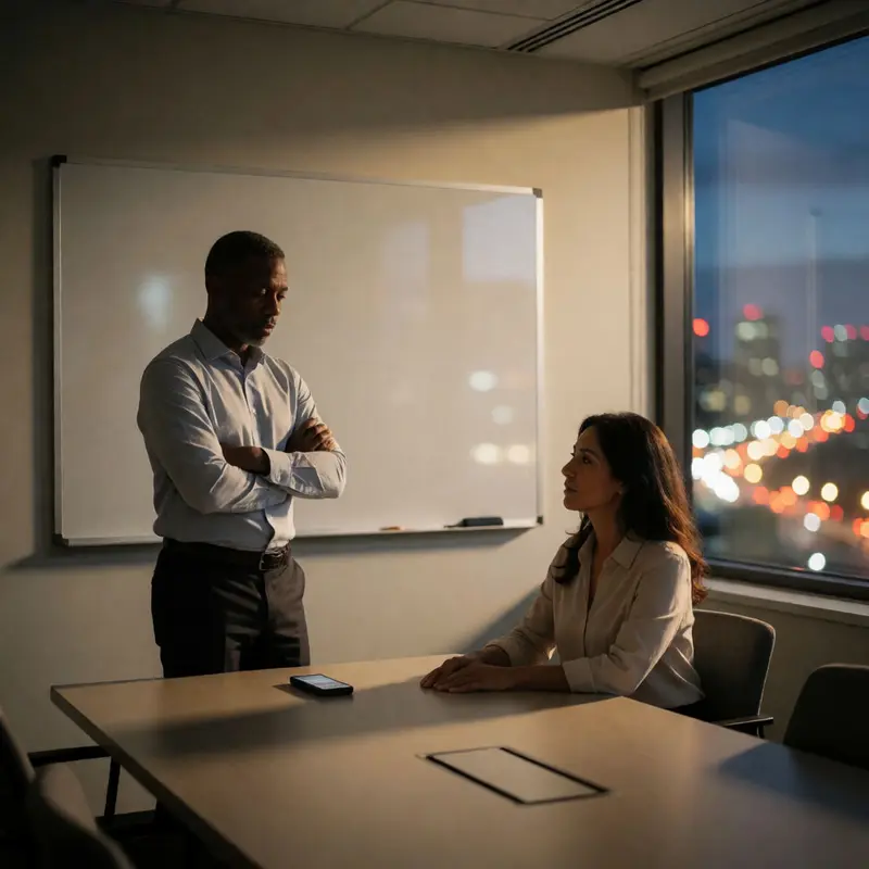 Two colleagues pause in a meeting room under low evening light.