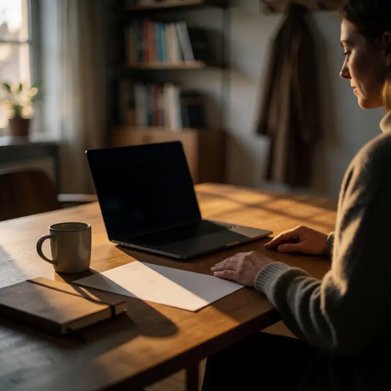 A solo consultant pauses at a clean desk, ready to move from blank to first draft quickly.