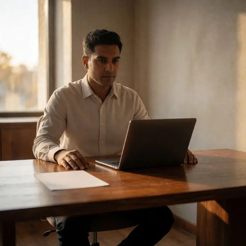 Solo consultant at a desk with a blank sheet, representing AI tools to overcome blank page without showing any text or symbols.