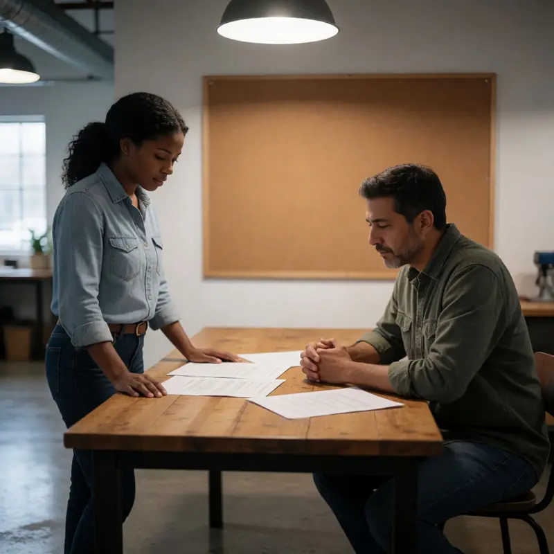 Two teammates assess topic coverage using blank materials on a table.
