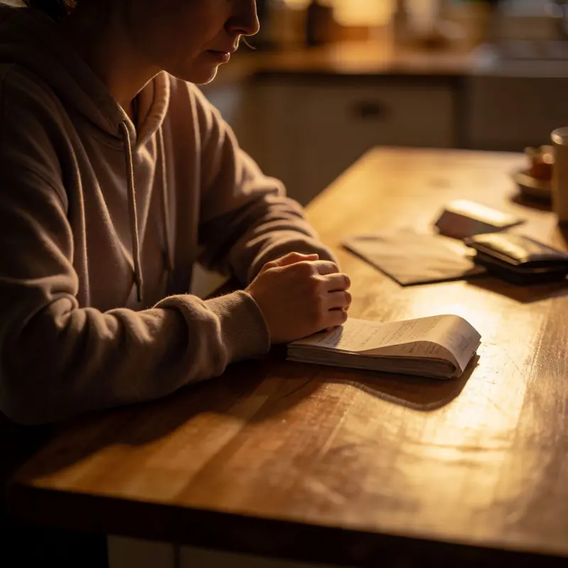 A creator quietly reviews blank receipts and everyday expenses at a kitchen table under low light.