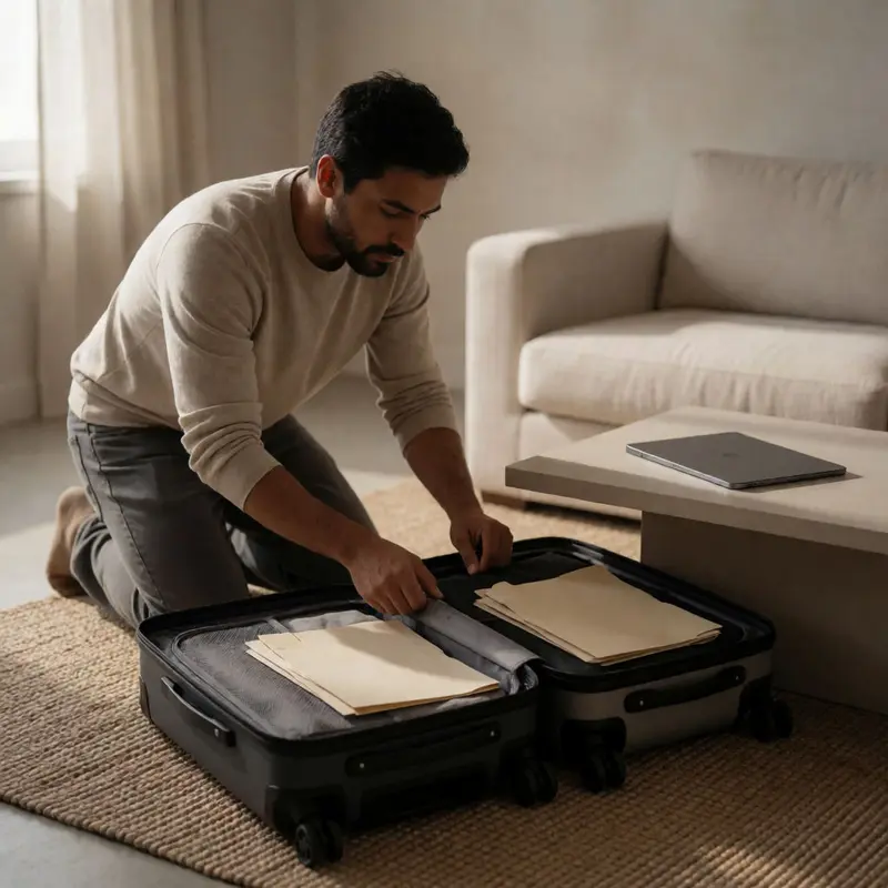 A creator prepares to move organized materials between two suitcases in a bright, quiet room.