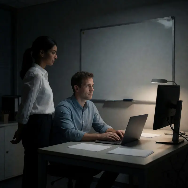 A focused office scene emphasizing careful validation and ongoing checks.