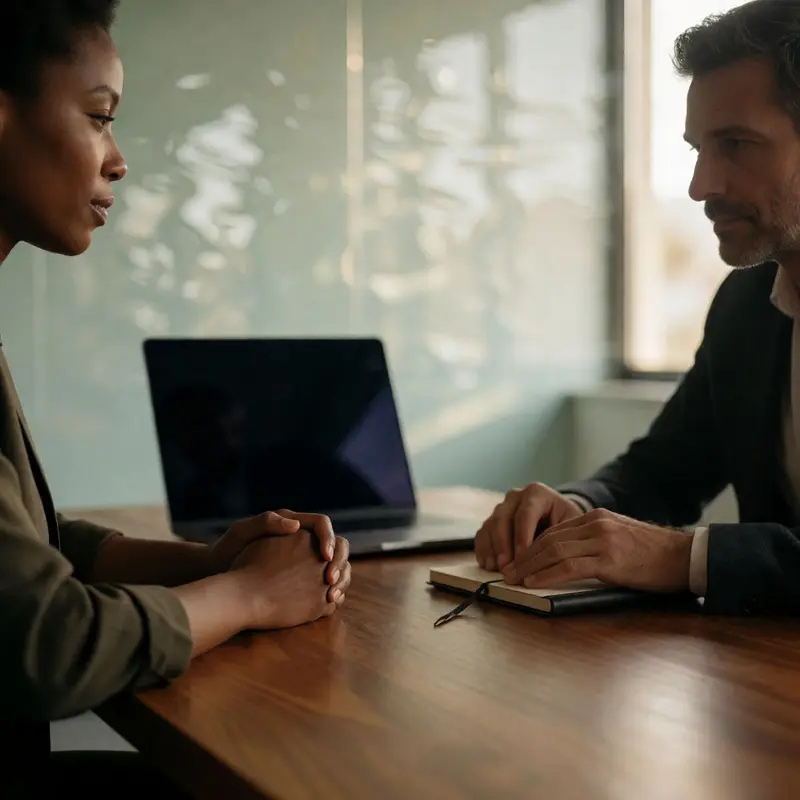 Two consultants seated at a table in an office, illustrating Fireflies.ai AI transcription errors and the impact of AI transcription errors on CRM work.