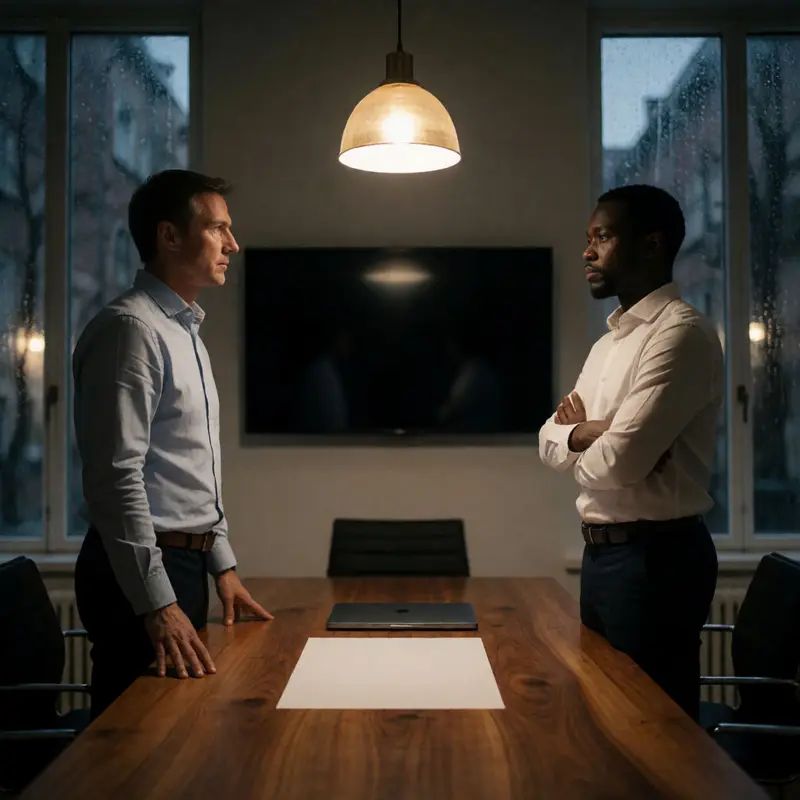 Two consultants in a dark conference room reflecting on Fireflies.ai AI consent concerns during recorded meetings without referencing any text.
