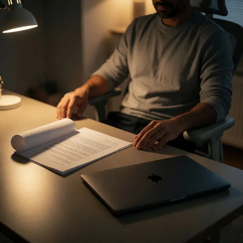 A quiet review setup emphasizes human oversight before action.
