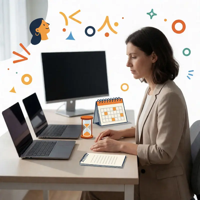 KIT vs Mailchimp for solo founders: a solo founder at a desk with two closed laptops, a dark monitor, and an hourglass, choosing a simpler nurture setup.