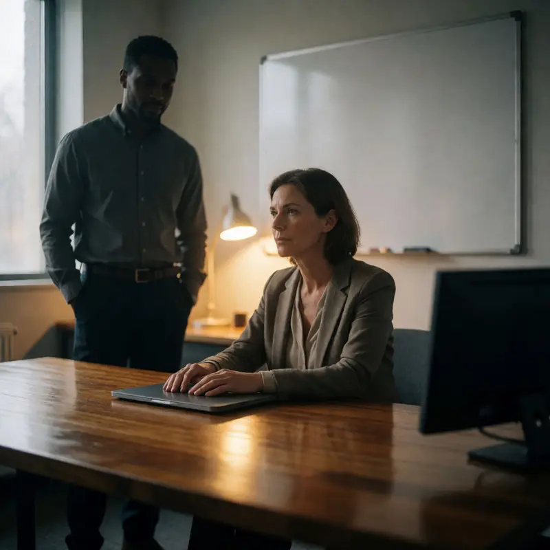 Local service team planning to optimize pages for AI overviews, standing and sitting with hands resting still in a quiet office setting.