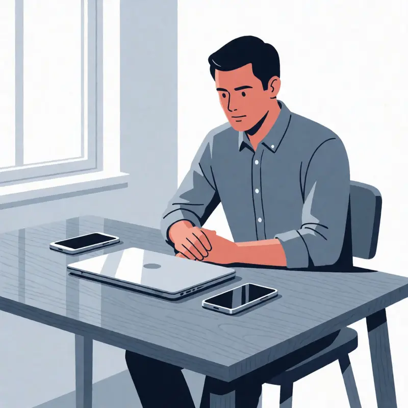 Passkey login problems as a man sits at a desk with hands clasped near a closed laptop and two phones with dark or face-down screens.