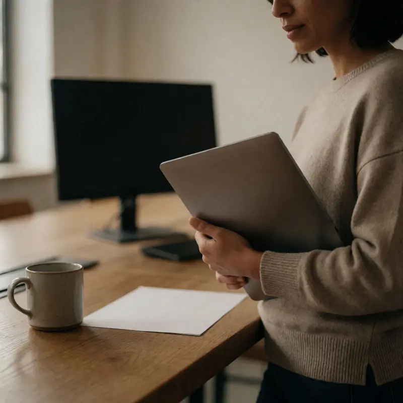 A contractor stands in a co-working space holding a closed laptop near a clear desk setup.