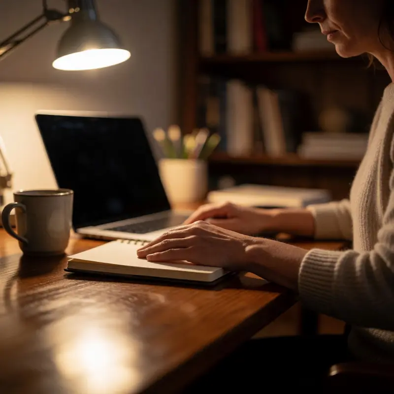 A consultant reviews meeting artifacts in a calm home office setting.