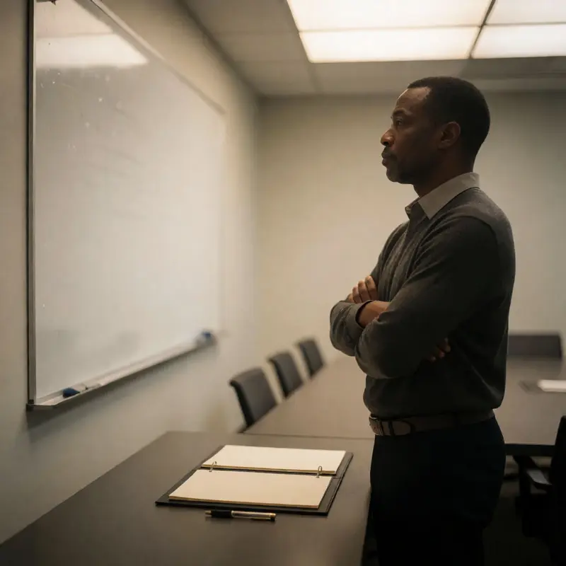 A consultant reviews a blank whiteboard and materials before shaping a brief into a workable structure.